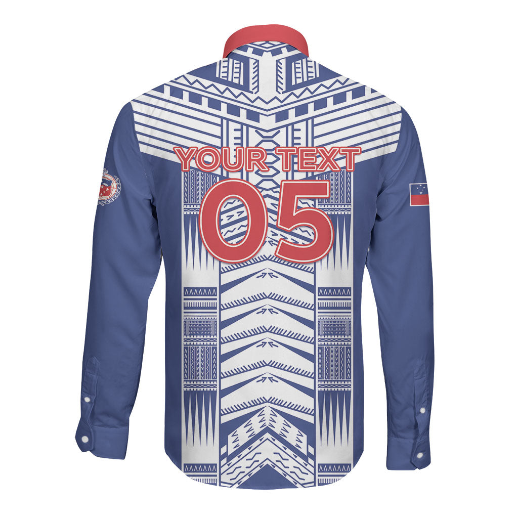 Custom Rugby Toa Samoa Long Sleeve Button Shirt Samoan Tatau Blue Version LT05 - Polynesian Pride