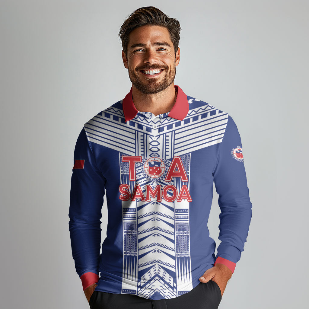 Custom Rugby Toa Samoa Long Sleeve Polo Shirt Samoan Tatau Blue Version LT05 - Polynesian Pride