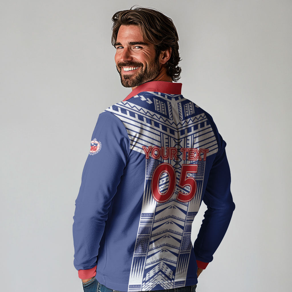 Custom Rugby Toa Samoa Long Sleeve Polo Shirt Samoan Tatau Blue Version LT05 - Polynesian Pride