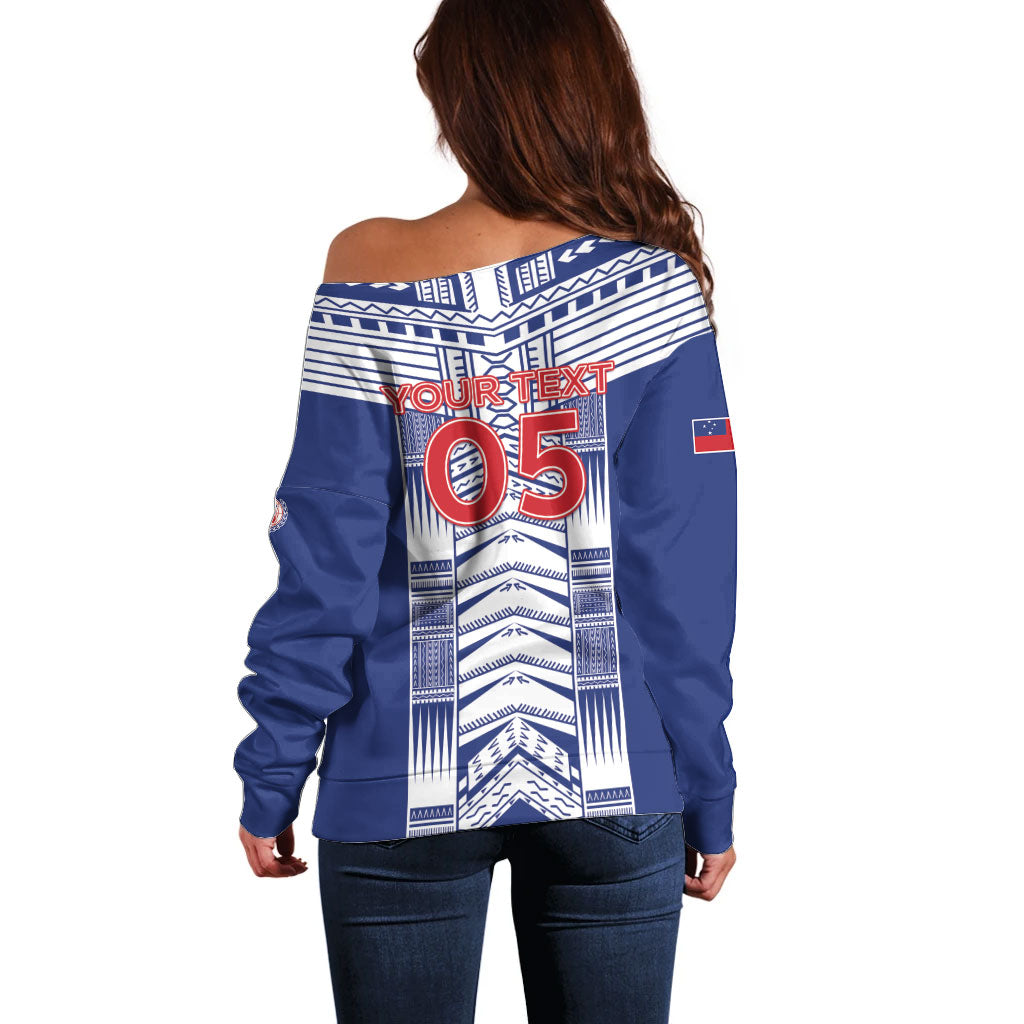 Custom Rugby Toa Samoa Off Shoulder Sweater Samoan Tatau Blue Version LT05 - Polynesian Pride