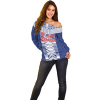 Custom Rugby Toa Samoa Off Shoulder Sweater Samoan Tatau Blue Version LT05 - Polynesian Pride