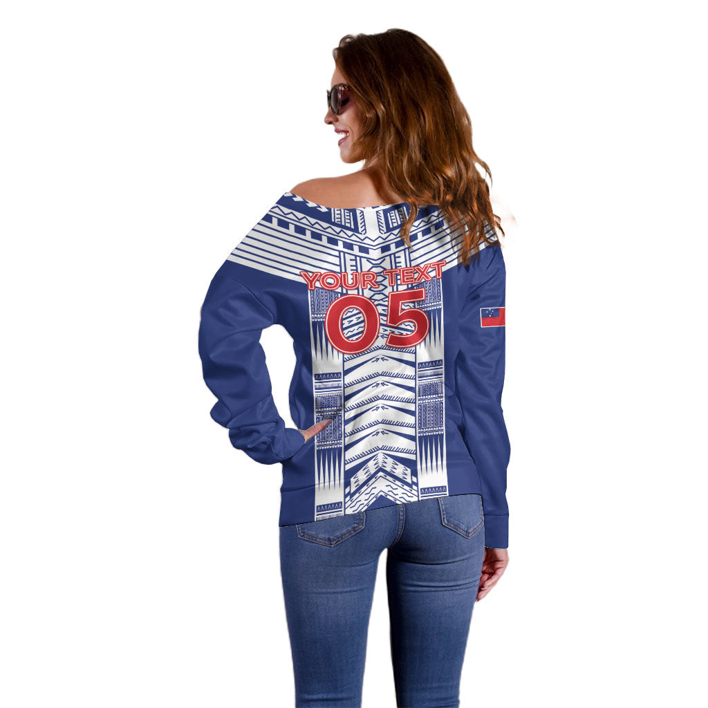 Custom Rugby Toa Samoa Off Shoulder Sweater Samoan Tatau Blue Version LT05 - Polynesian Pride