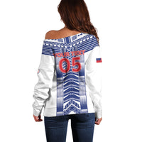 Custom Rugby Toa Samoa Off Shoulder Sweater Samoan Tatau White Version LT05 - Polynesian Pride