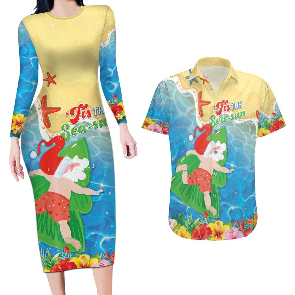 Christmas In Hawaii Couples Matching Long Sleeve Bodycon Dress and Hawaiian Shirt Tis The Sea Sun