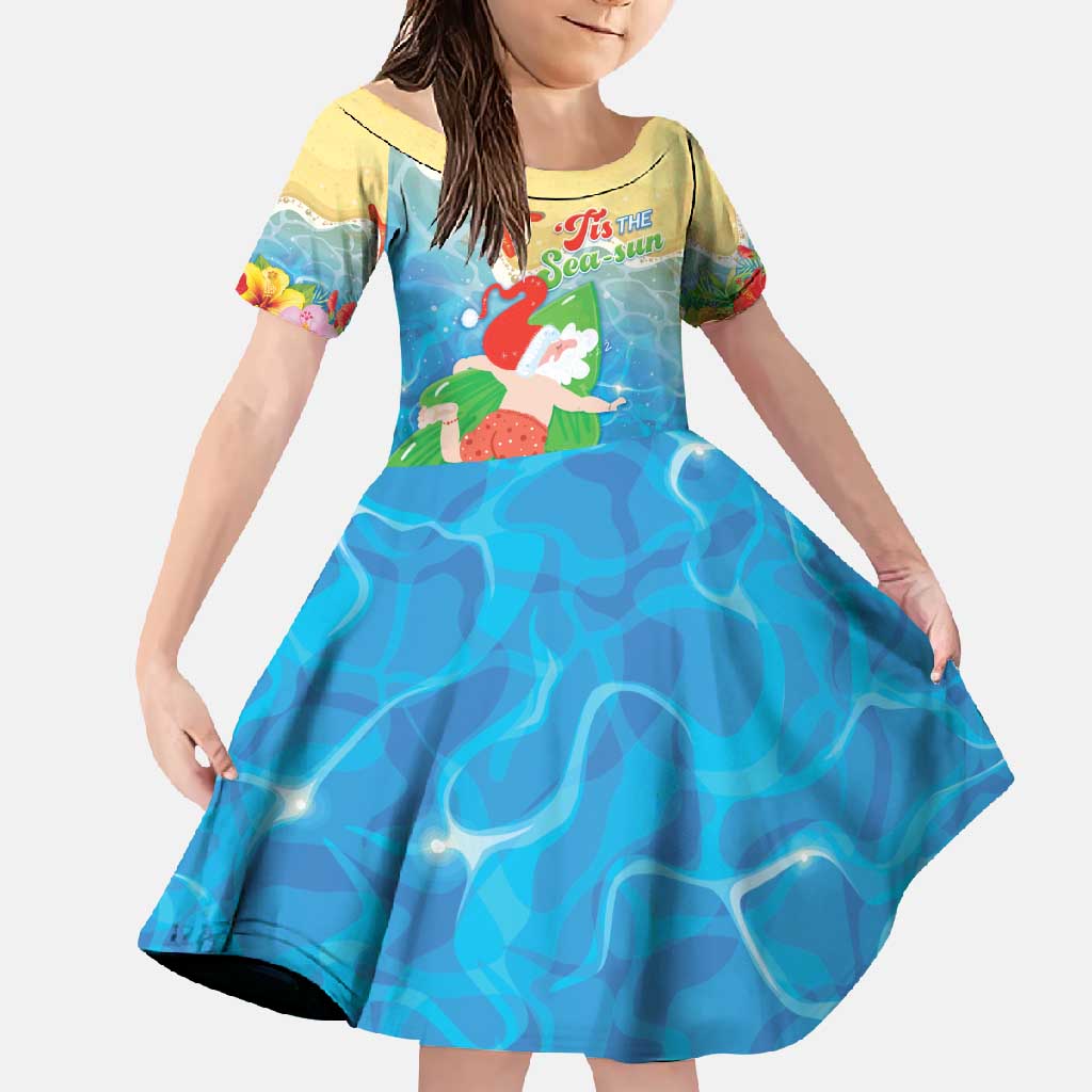 Christmas In Hawaii Family Matching Off Shoulder Maxi Dress and Hawaiian Shirt Tis The Sea Sun LT05 Daughter's Dress Blue - Polynesian Pride