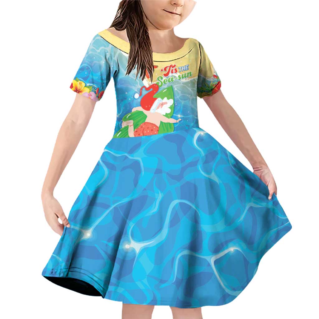 Christmas In Hawaii Family Matching Off Shoulder Short Dress and Hawaiian Shirt Tis The Sea Sun LT05 Daughter's Dress Blue - Polynesian Pride