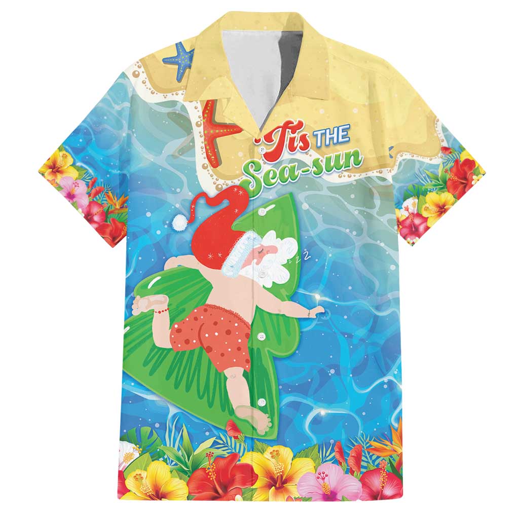 Christmas In Hawaii Family Matching Off Shoulder Short Dress and Hawaiian Shirt Tis The Sea Sun LT05 Dad's Shirt - Short Sleeve Blue - Polynesian Pride
