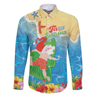 Christmas In Hawaii Family Matching Off Shoulder Short Dress and Hawaiian Shirt Tis The Sea Sun LT05 Dad's Shirt - Long Sleeve Blue - Polynesian Pride