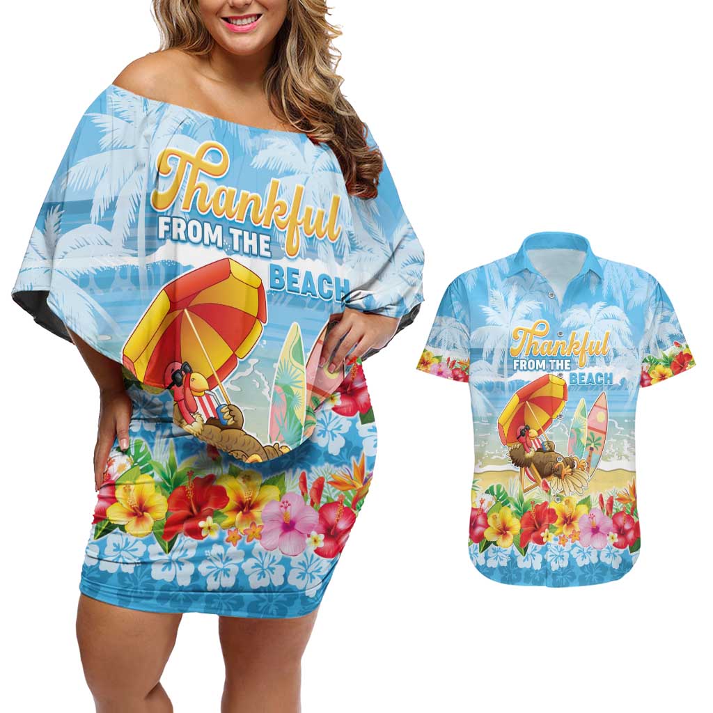 Personalised Hawaii Funny Thanksgiving Couples Matching Off Shoulder Short Dress and Hawaiian Shirt Thankful From The Beach