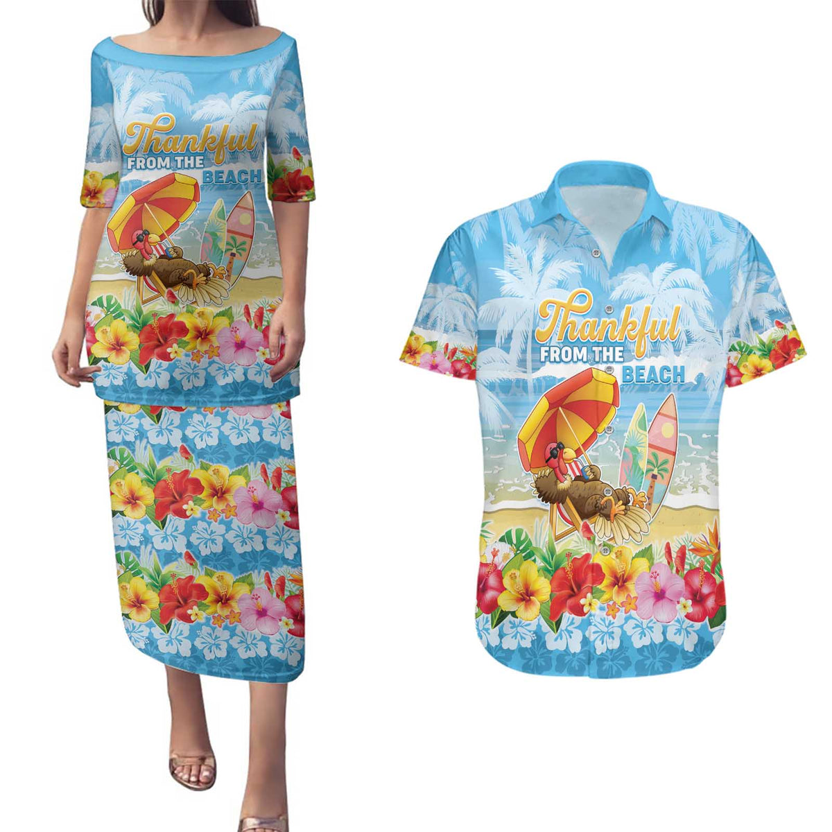 Personalised Hawaii Funny Thanksgiving Couples Matching Puletasi and Hawaiian Shirt Thankful From The Beach