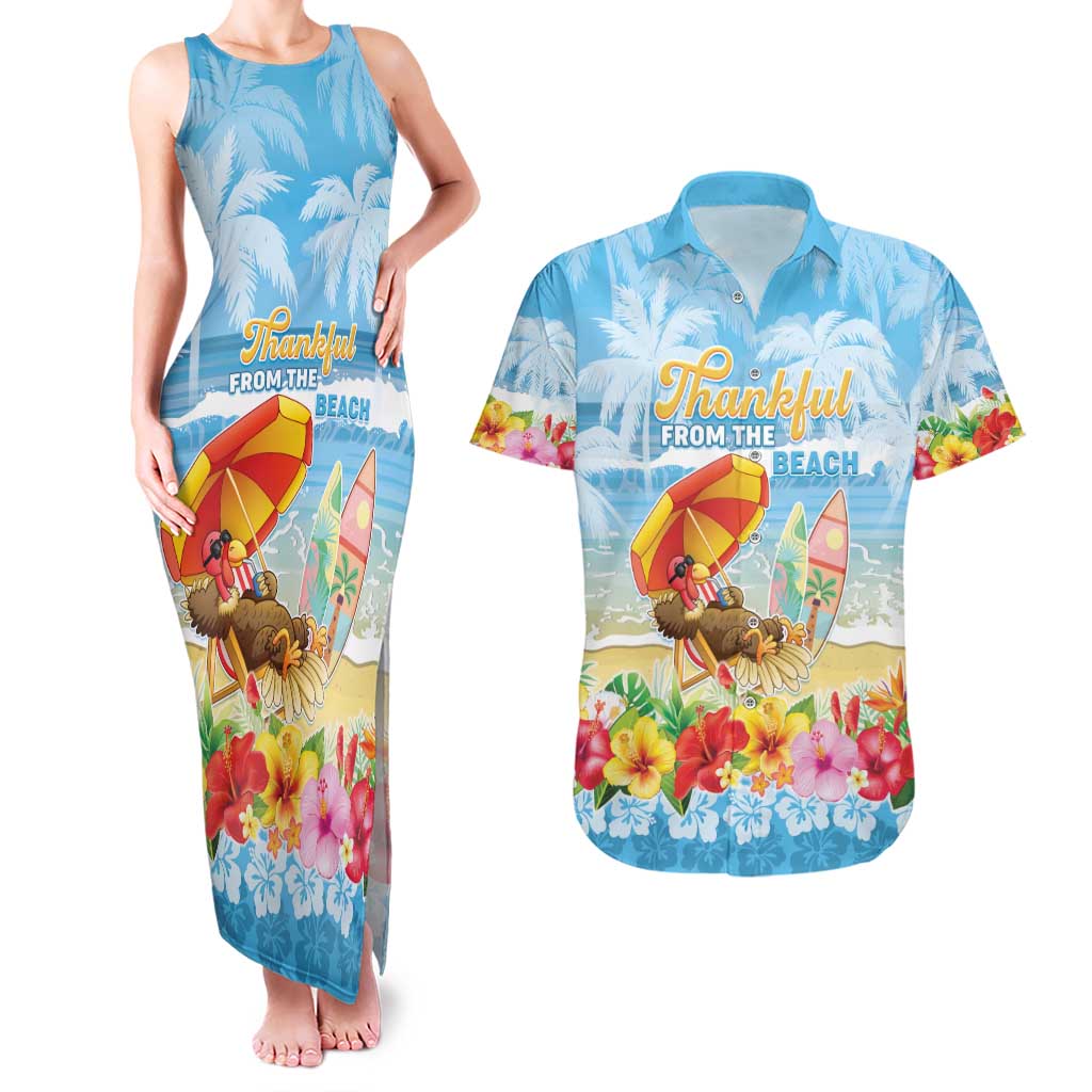 Personalised Hawaii Funny Thanksgiving Couples Matching Tank Maxi Dress and Hawaiian Shirt Thankful From The Beach