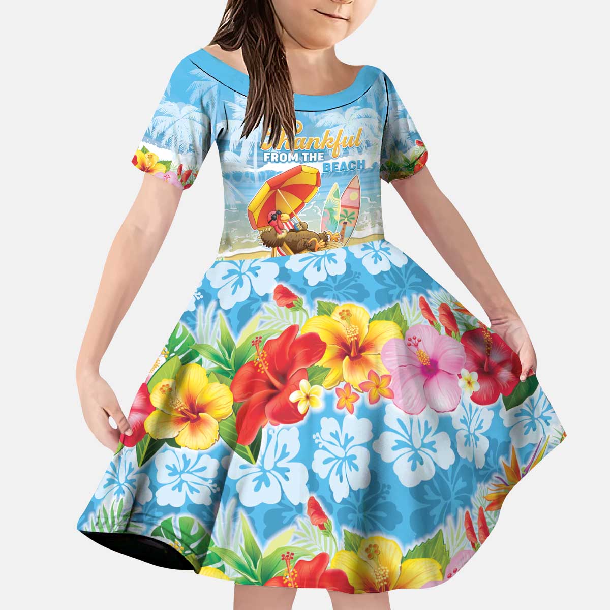 Personalised Hawaii Funny Thanksgiving Kid Short Sleeve Dress Thankful From The Beach LT05 KID Blue - Polynesian Pride