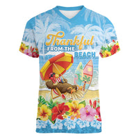 Personalised Hawaii Funny Thanksgiving Women V-Neck T-Shirt Thankful From The Beach LT05 Female Blue - Polynesian Pride