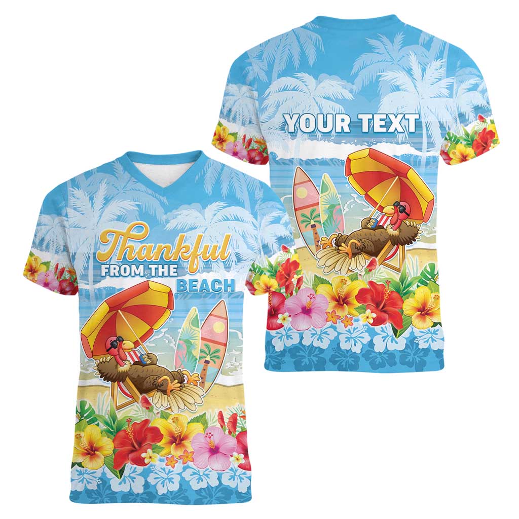 Personalised Hawaii Funny Thanksgiving Women V-Neck T-Shirt Thankful From The Beach LT05 - Polynesian Pride