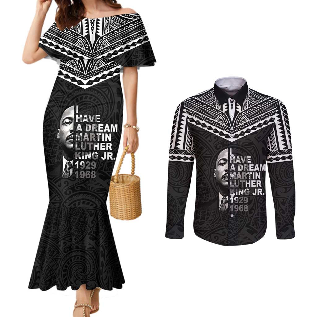 American Samoa MLK Day Couples Matching Mermaid Dress and Long Sleeve Button Shirt Polynesian Style