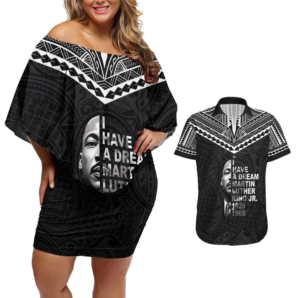 American Samoa MLK Day Couples Matching Off Shoulder Short Dress and Hawaiian Shirt Polynesian Style