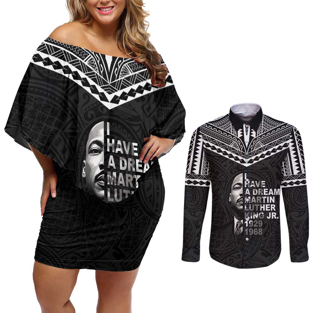 American Samoa MLK Day Couples Matching Off Shoulder Short Dress and Long Sleeve Button Shirt Polynesian Style