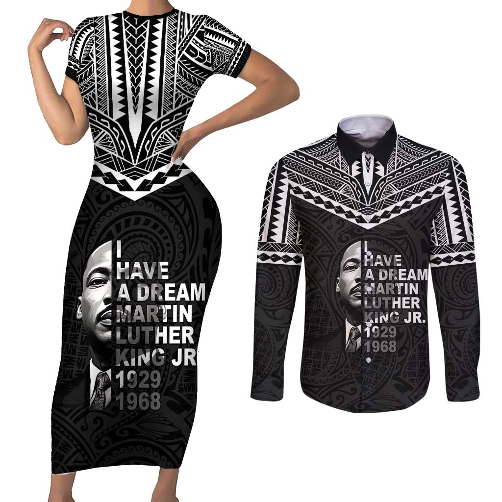 American Samoa MLK Day Couples Matching Short Sleeve Bodycon Dress and Long Sleeve Button Shirt Polynesian Style