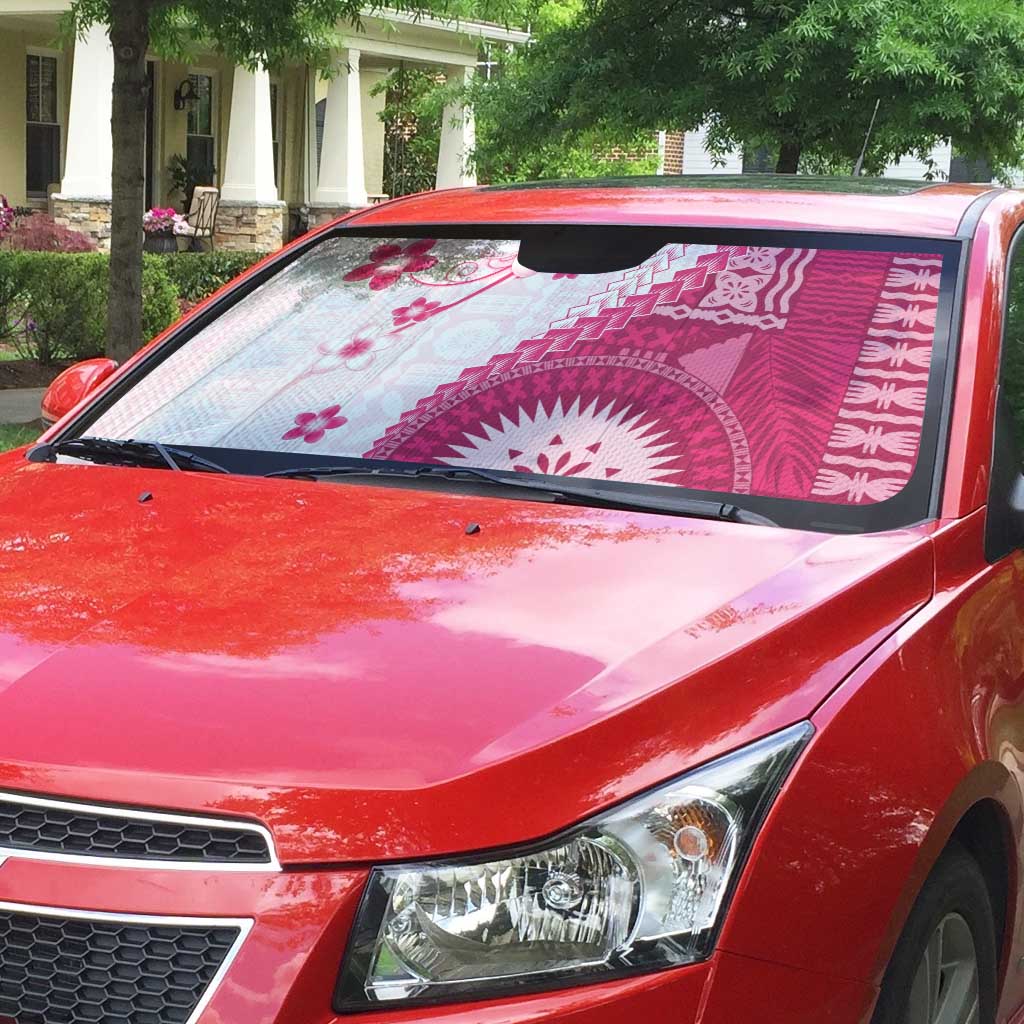 Bula Fiji Auto Sun Shade Pink Plumeria Masi Tapa Pattern LT05 - Polynesian Pride