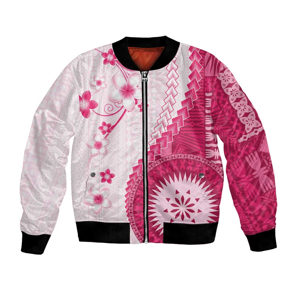 Bula Fiji Bomber Jacket Pink Plumeria Masi Tapa Pattern LT05 Unisex Pink - Polynesian Pride