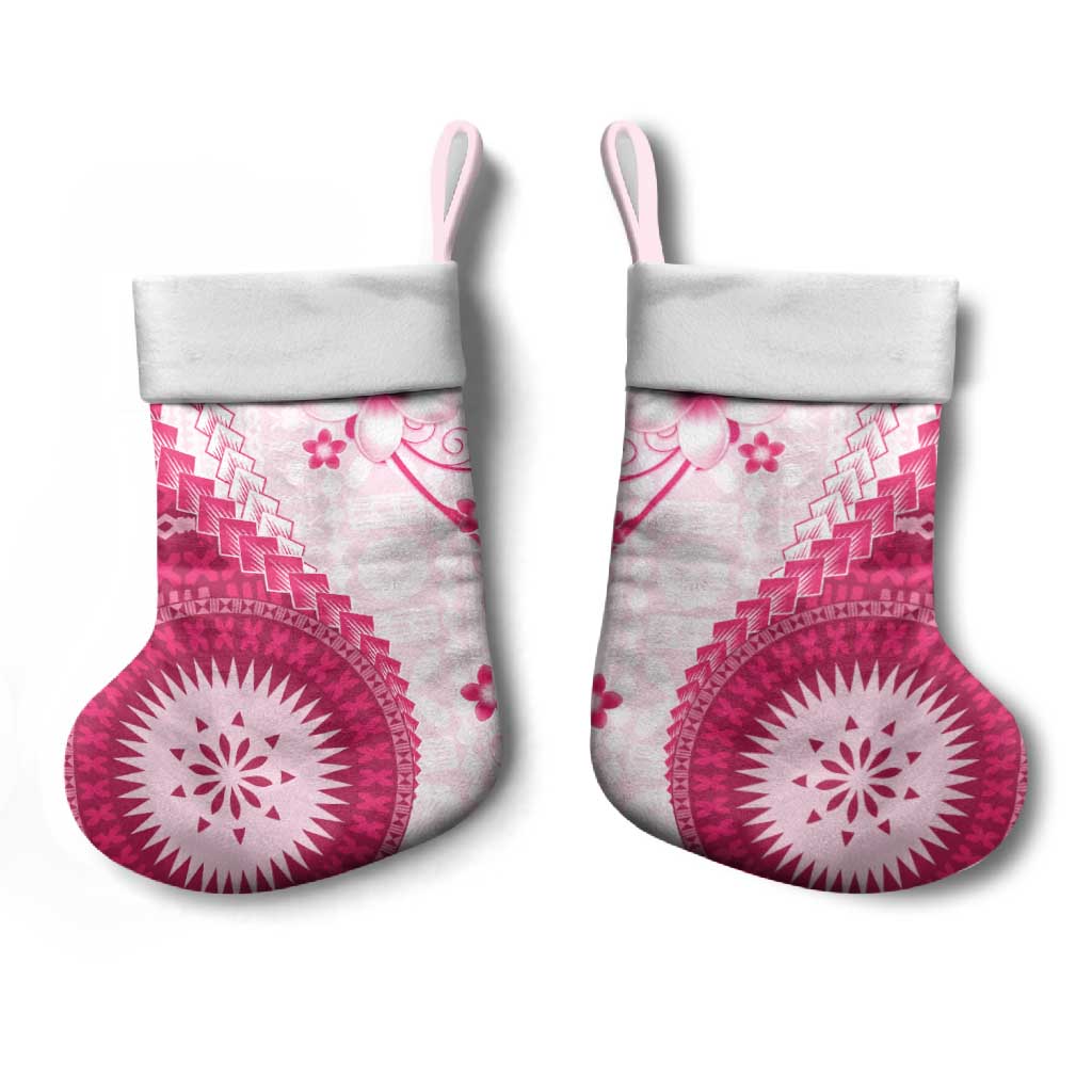 Bula Fiji Christmas Stocking Pink Plumeria Masi Tapa Pattern - Polynesian Pride