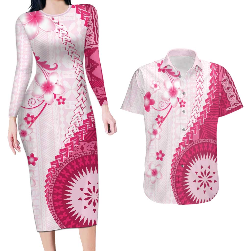 Bula Fiji Couples Matching Long Sleeve Bodycon Dress and Hawaiian Shirt Pink Plumeria Masi Tapa Pattern - Polynesian Pride