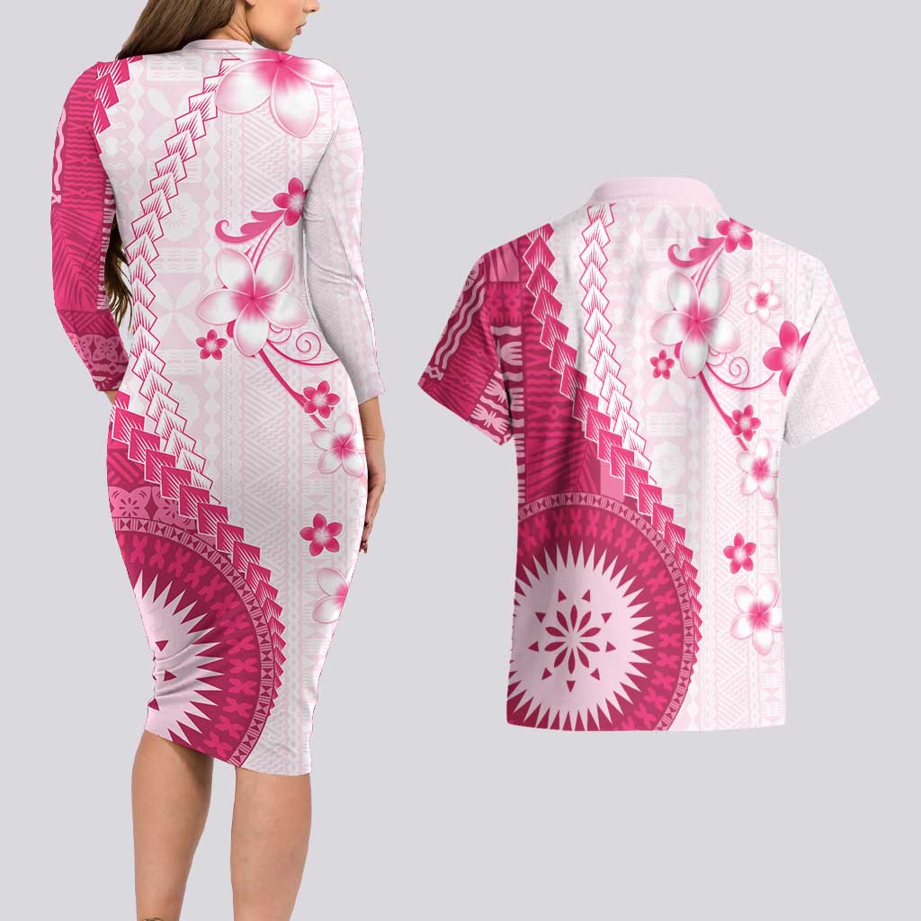 Bula Fiji Couples Matching Long Sleeve Bodycon Dress and Hawaiian Shirt Pink Plumeria Masi Tapa Pattern - Polynesian Pride