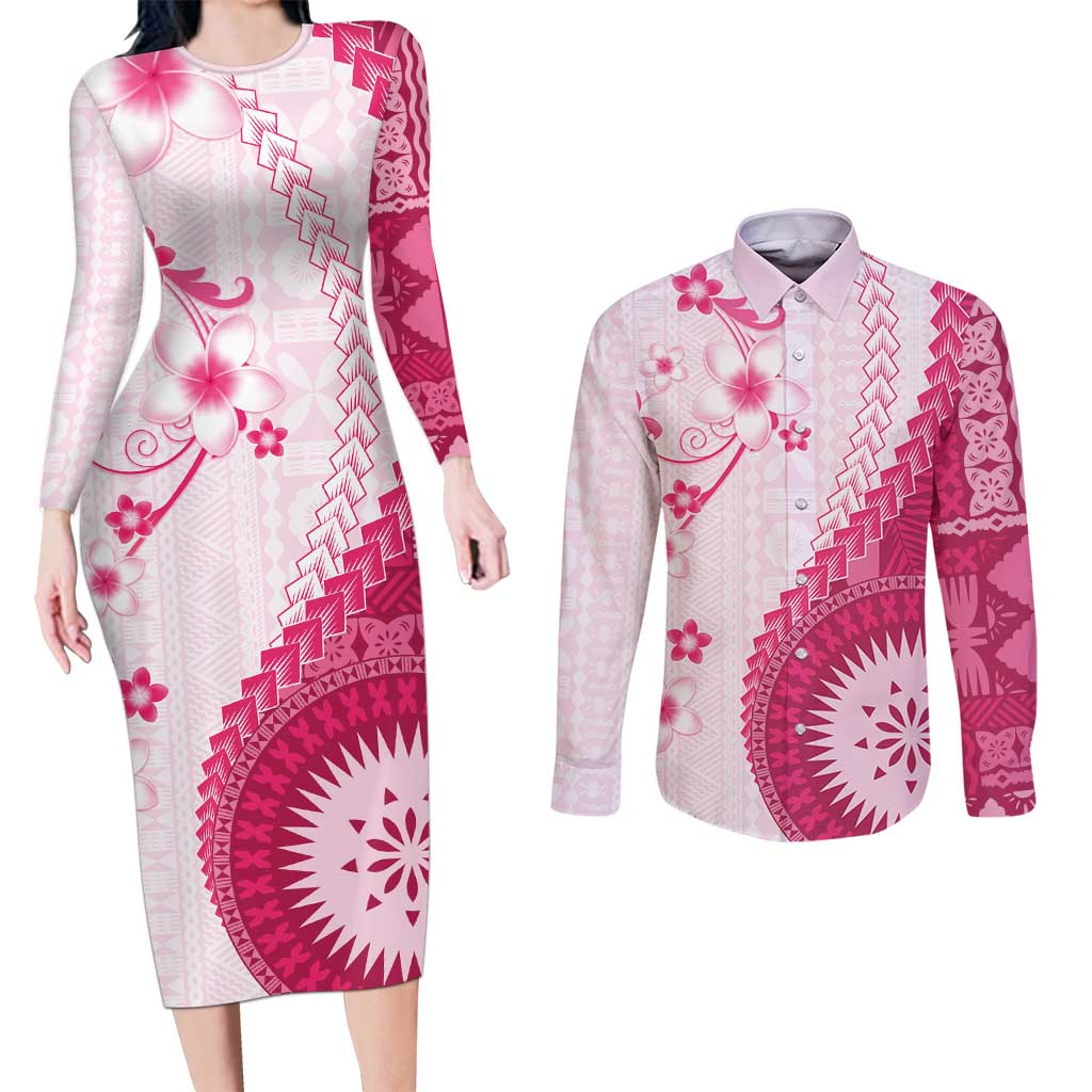 Bula Fiji Couples Matching Long Sleeve Bodycon Dress and Long Sleeve Button Shirt Pink Plumeria Masi Tapa Pattern - Polynesian Pride
