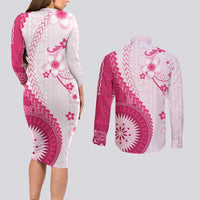 Bula Fiji Couples Matching Long Sleeve Bodycon Dress and Long Sleeve Button Shirt Pink Plumeria Masi Tapa Pattern - Polynesian Pride