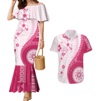 Bula Fiji Couples Matching Mermaid Dress and Hawaiian Shirt Pink Plumeria Masi Tapa Pattern - Polynesian Pride