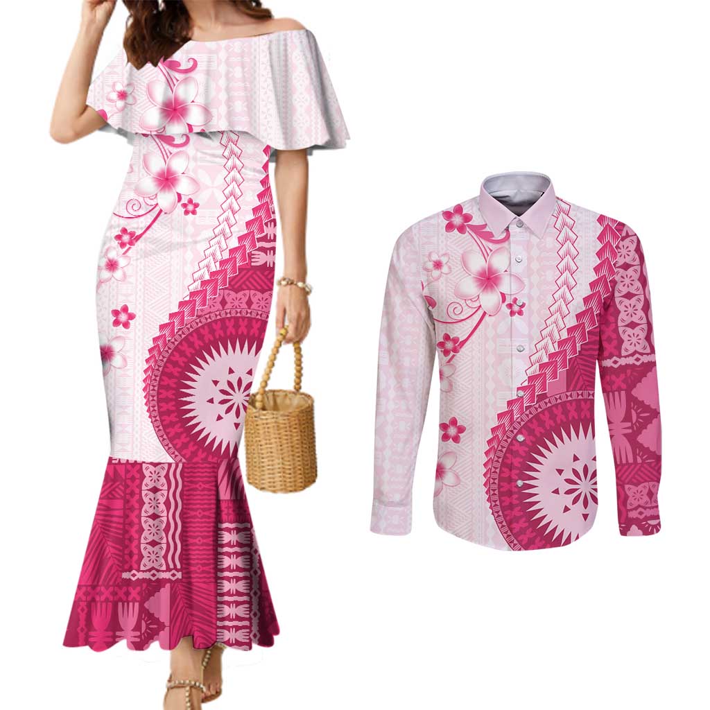 Bula Fiji Couples Matching Mermaid Dress and Long Sleeve Button Shirt Pink Plumeria Masi Tapa Pattern - Polynesian Pride