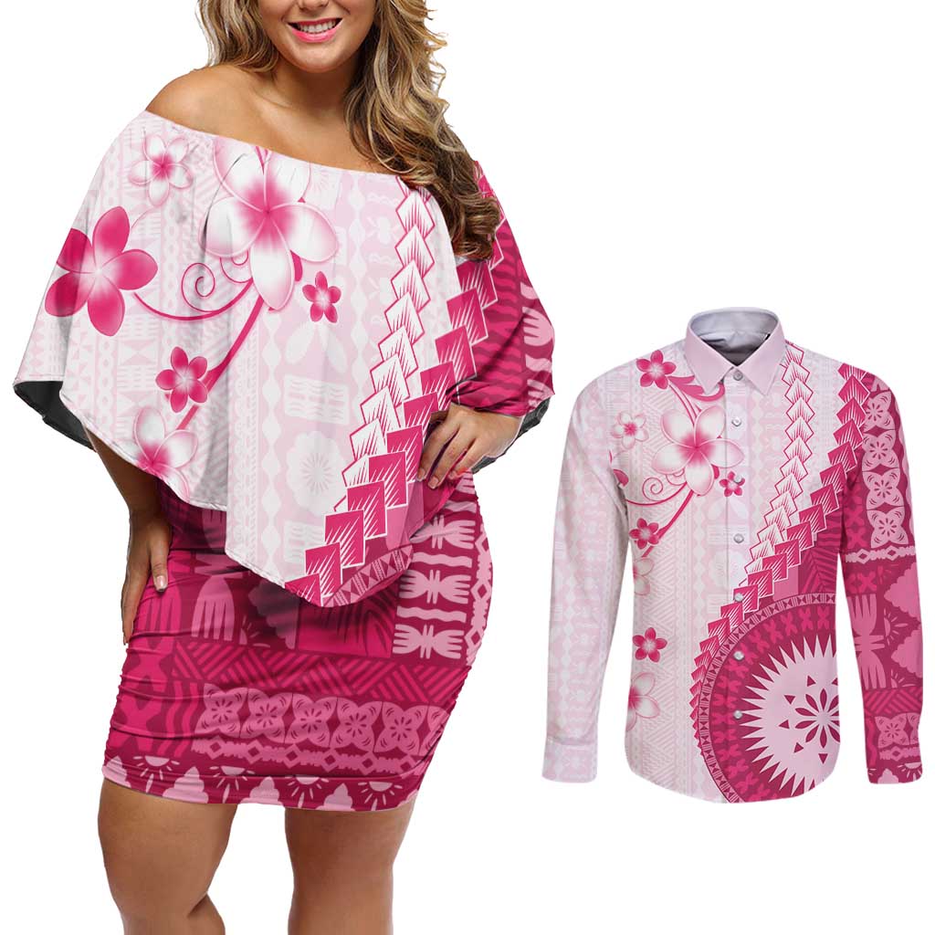 Bula Fiji Couples Matching Off Shoulder Short Dress and Long Sleeve Button Shirt Pink Plumeria Masi Tapa Pattern - Polynesian Pride