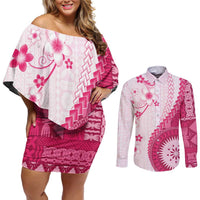 Bula Fiji Couples Matching Off Shoulder Short Dress and Long Sleeve Button Shirt Pink Plumeria Masi Tapa Pattern - Polynesian Pride