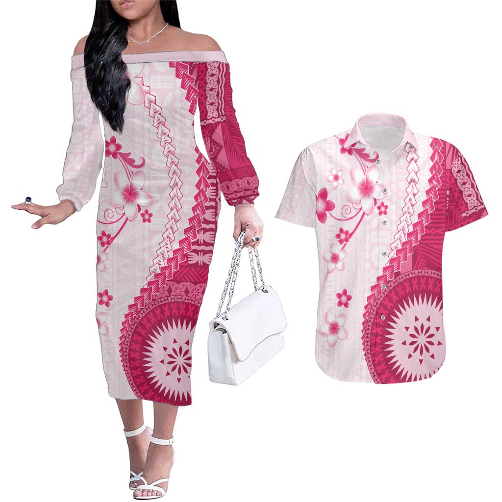 Bula Fiji Couples Matching Off The Shoulder Long Sleeve Dress and Hawaiian Shirt Pink Plumeria Masi Tapa Pattern - Polynesian Pride