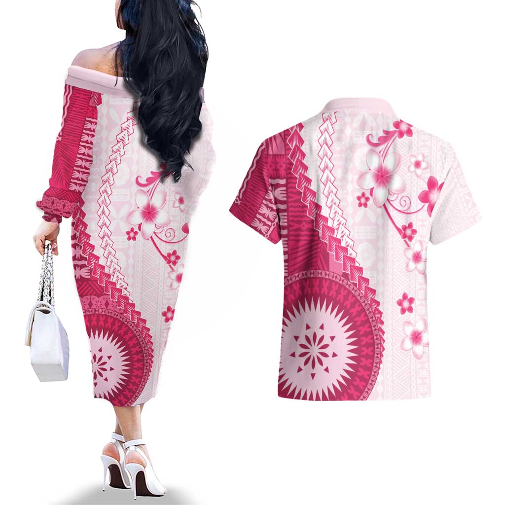Bula Fiji Couples Matching Off The Shoulder Long Sleeve Dress and Hawaiian Shirt Pink Plumeria Masi Tapa Pattern - Polynesian Pride