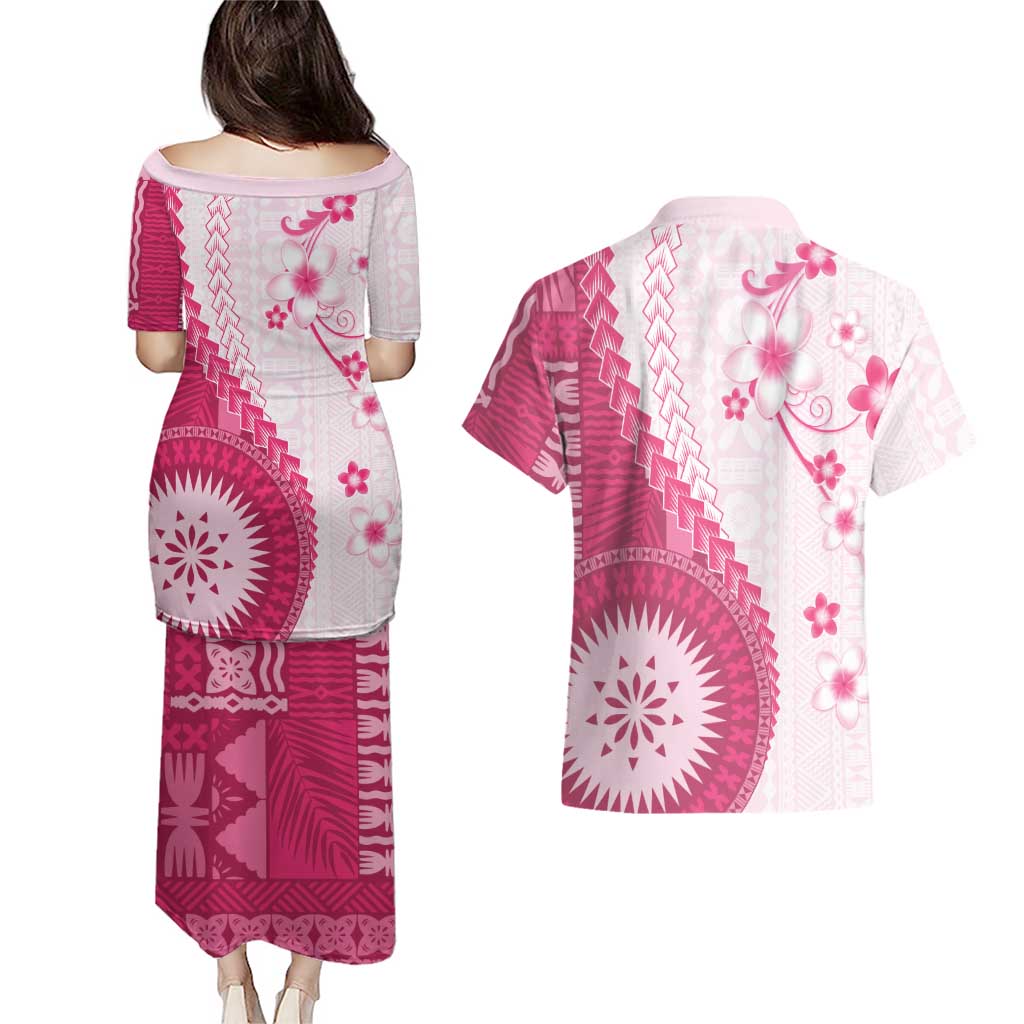 Bula Fiji Couples Matching Puletasi and Hawaiian Shirt Pink Plumeria Masi Tapa Pattern - Polynesian Pride