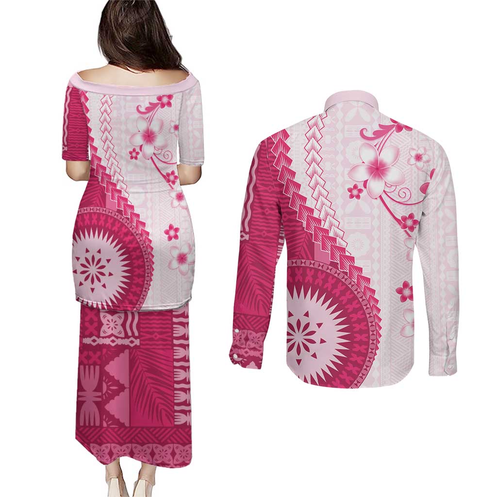 Bula Fiji Couples Matching Puletasi and Long Sleeve Button Shirt Pink Plumeria Masi Tapa Pattern - Polynesian Pride