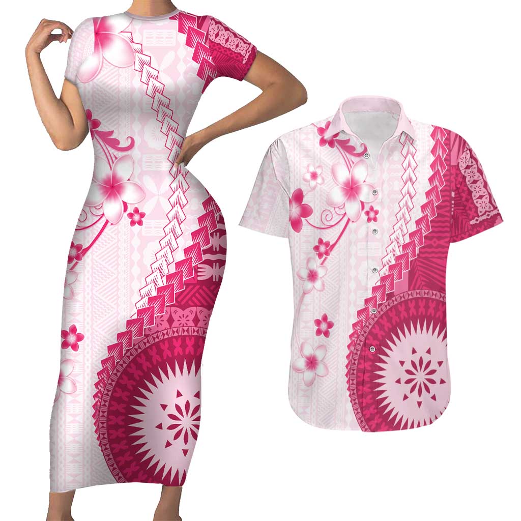 Bula Fiji Couples Matching Short Sleeve Bodycon Dress and Hawaiian Shirt Pink Plumeria Masi Tapa Pattern - Polynesian Pride
