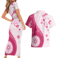 Bula Fiji Couples Matching Short Sleeve Bodycon Dress and Hawaiian Shirt Pink Plumeria Masi Tapa Pattern - Polynesian Pride