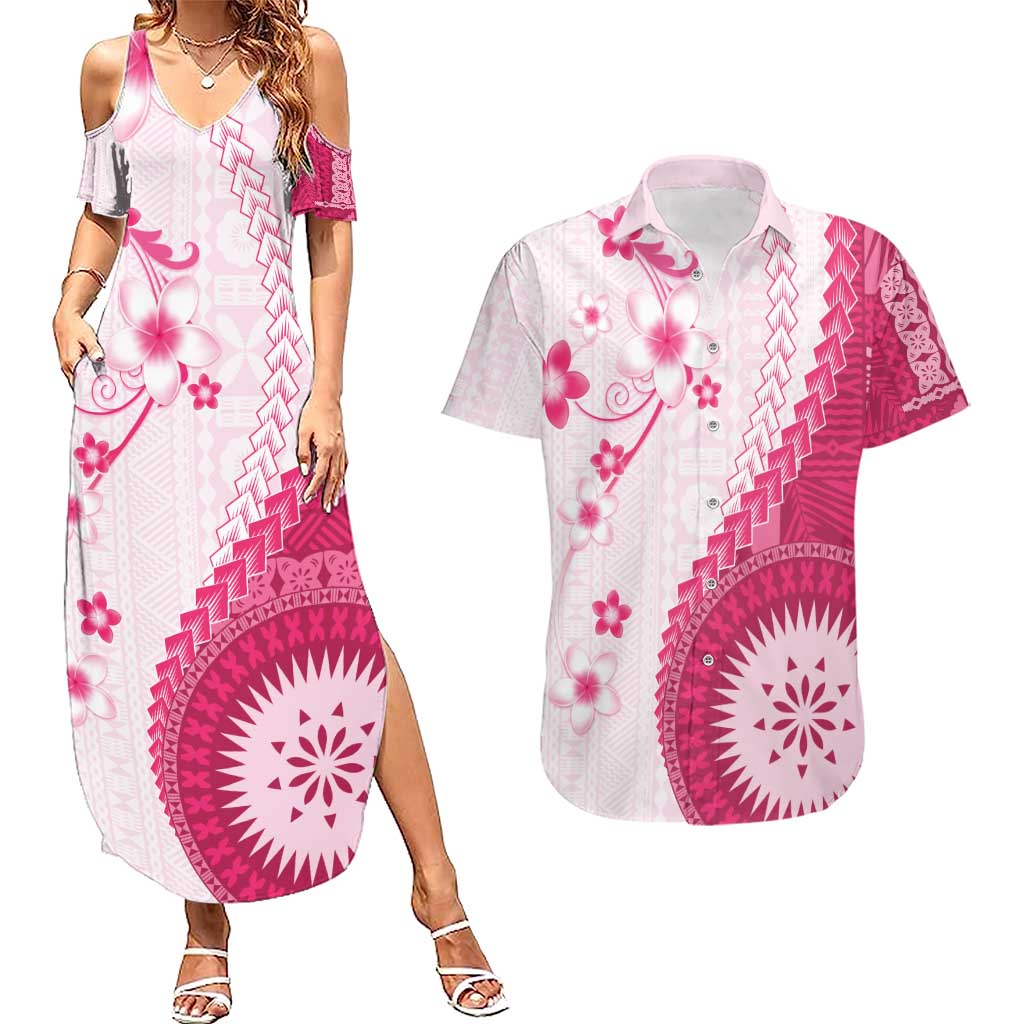 Bula Fiji Couples Matching Summer Maxi Dress and Hawaiian Shirt Pink Plumeria Masi Tapa Pattern - Polynesian Pride