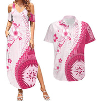 Bula Fiji Couples Matching Summer Maxi Dress and Hawaiian Shirt Pink Plumeria Masi Tapa Pattern - Polynesian Pride