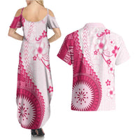 Bula Fiji Couples Matching Summer Maxi Dress and Hawaiian Shirt Pink Plumeria Masi Tapa Pattern - Polynesian Pride
