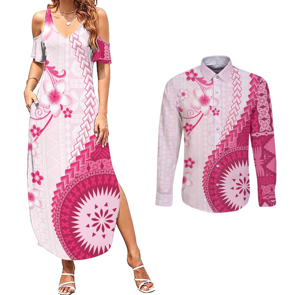 Bula Fiji Couples Matching Summer Maxi Dress and Long Sleeve Button Shirt Pink Plumeria Masi Tapa Pattern - Polynesian Pride