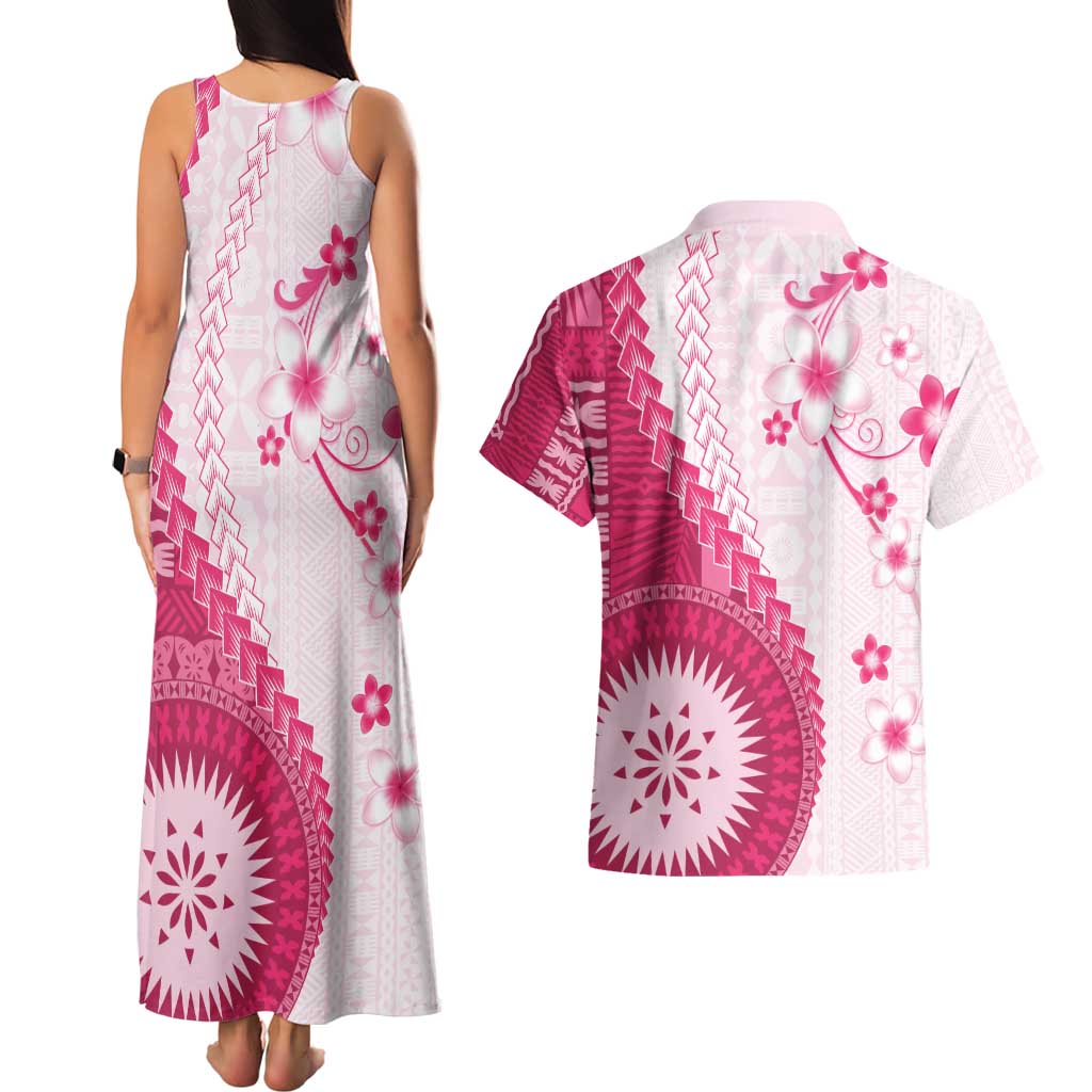 Bula Fiji Couples Matching Tank Maxi Dress and Hawaiian Shirt Pink Plumeria Masi Tapa Pattern - Polynesian Pride