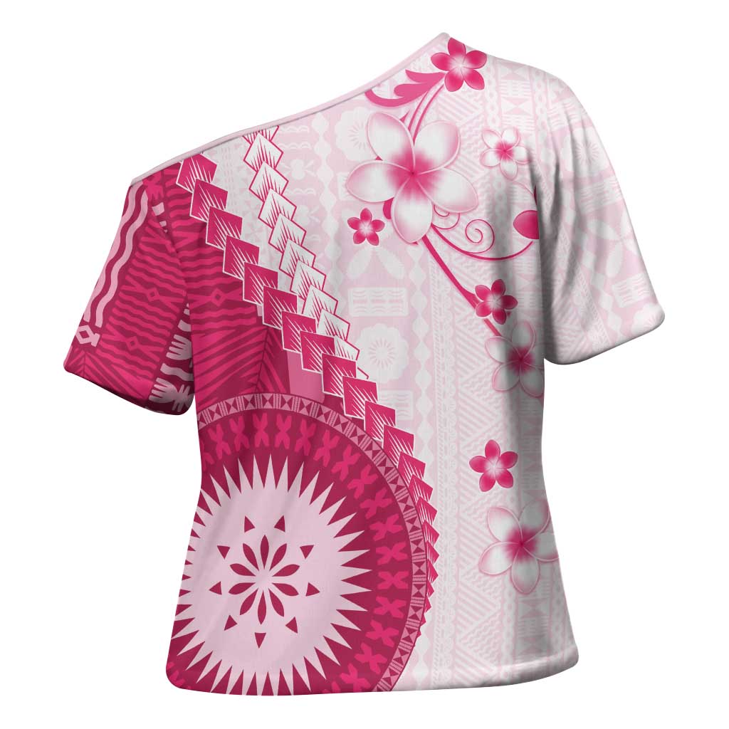 Bula Fiji Cross Shoulder Shirt Pink Plumeria Masi Tapa Pattern - Polynesian Pride
