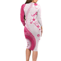 Bula Fiji Family Matching Long Sleeve Bodycon Dress and Hawaiian Shirt Pink Plumeria Masi Tapa Pattern - Polynesian Pride