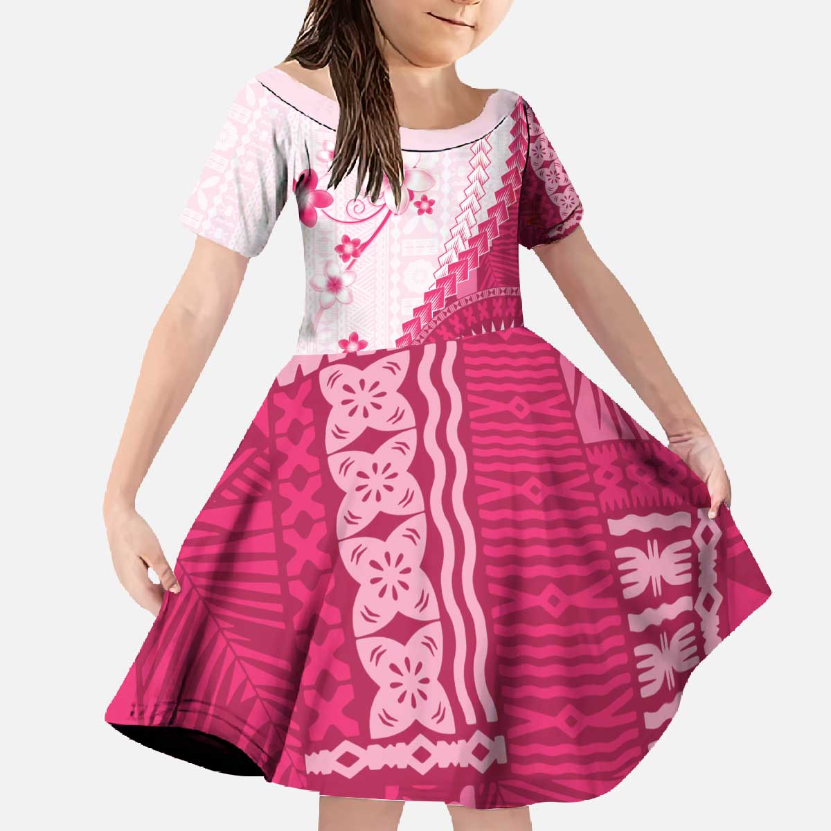 Bula Fiji Family Matching Off The Shoulder Long Sleeve Dress and Hawaiian Shirt Pink Plumeria Masi Tapa Pattern - Polynesian Pride