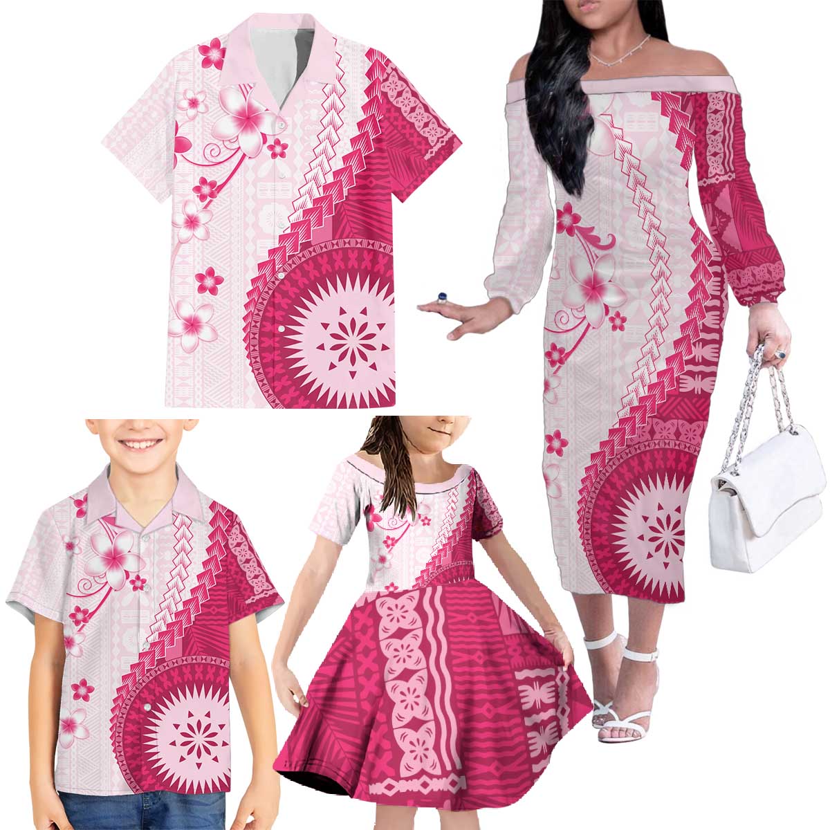 Bula Fiji Family Matching Off The Shoulder Long Sleeve Dress and Hawaiian Shirt Pink Plumeria Masi Tapa Pattern - Polynesian Pride