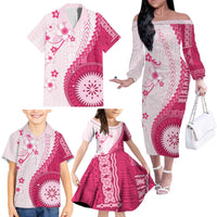 Bula Fiji Family Matching Off The Shoulder Long Sleeve Dress and Hawaiian Shirt Pink Plumeria Masi Tapa Pattern - Polynesian Pride