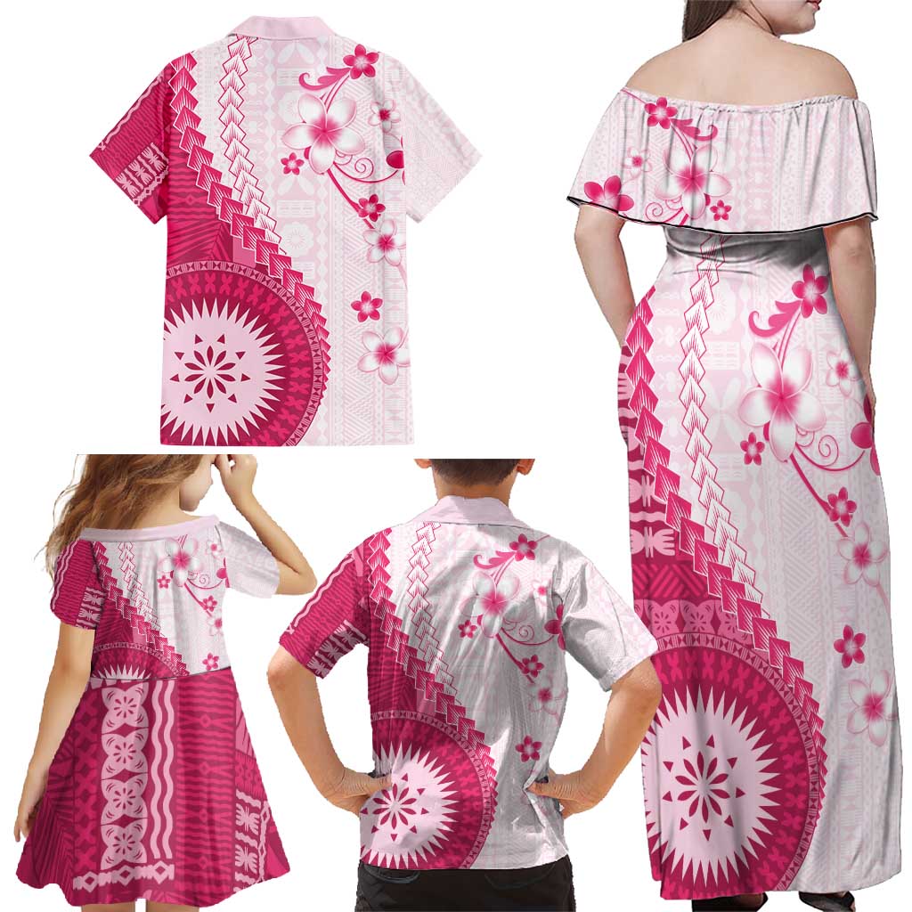 Bula Fiji Family Matching Off Shoulder Maxi Dress and Hawaiian Shirt Pink Plumeria Masi Tapa Pattern - Polynesian Pride